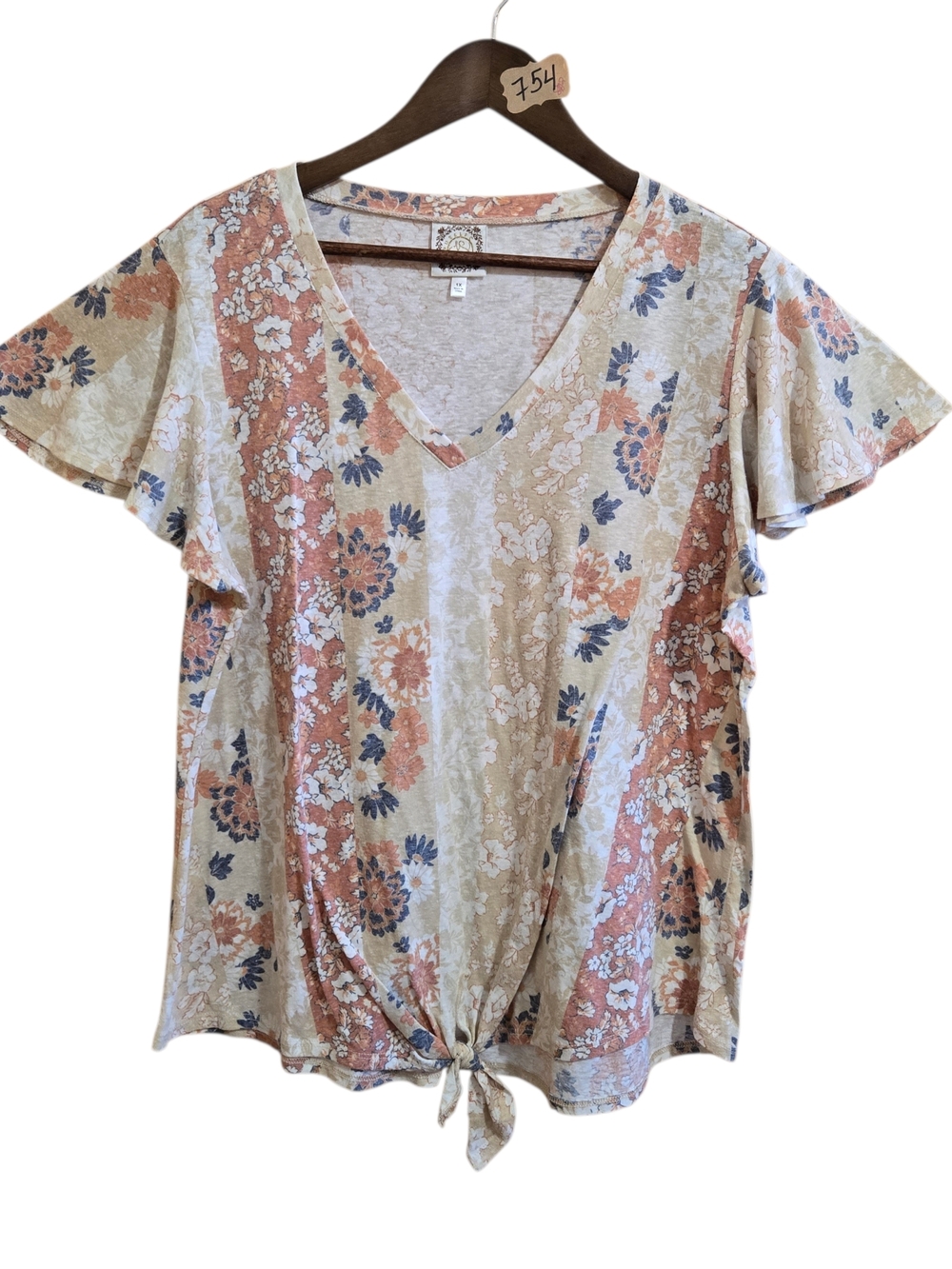 Tru Self Womens Tie Front Shirt Size 1X Floral Romantic Short Sleeve V Neck